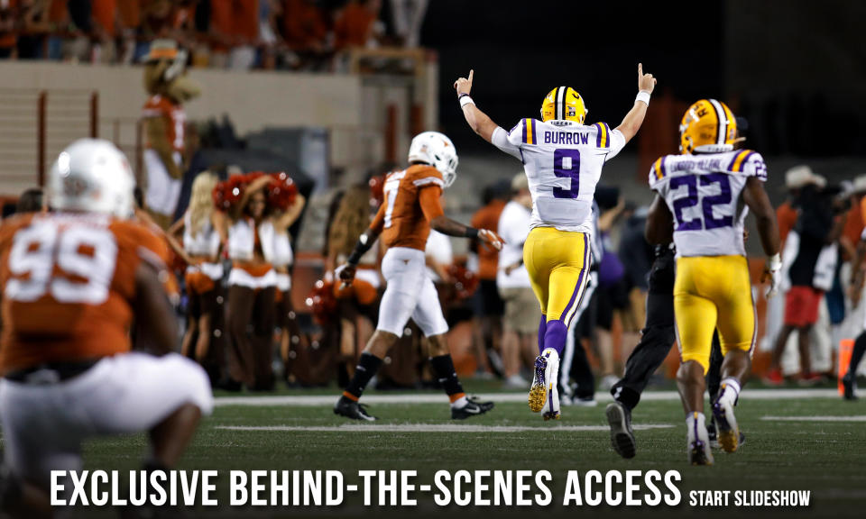 LSU Tigers quarterback Joe Burrow #9 celebrates a touchdown against the Texas Longhorns, Saturday Sept. 7, 2019 at Darrell K Royal-Texas Memorial Stadium in Austin, Texas. LSU won 45-38. ( Photo by Edward A. Ornelas )