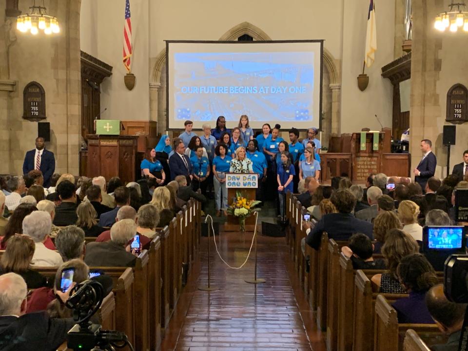 Inside the Reformed Church of Poughkeepsie, first lady Jill Biden speaks while surrounded by educators Friday, Oct. 6, 2023.