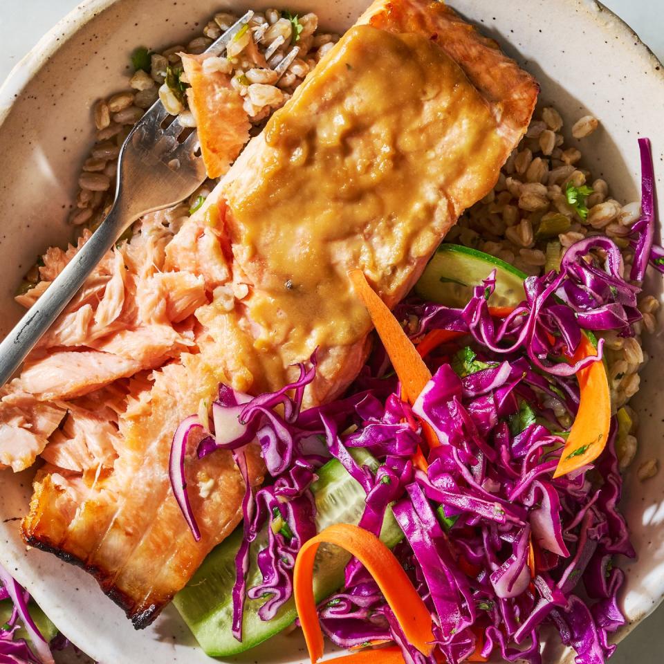 miso glazed salmon served with cucumber carrot salad and charred scallion vinaigrette over cooked farro