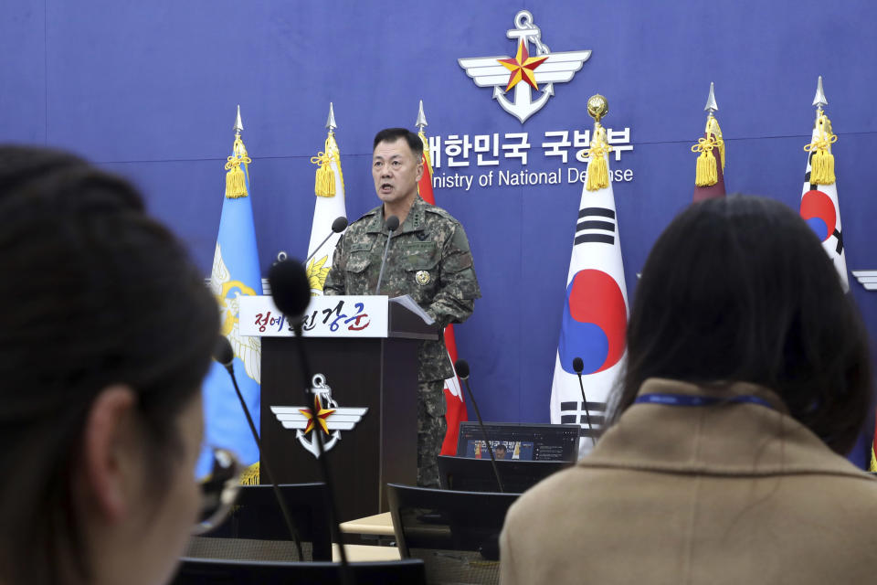 In this photo provided by the Korea Defense Daily and released by South Korea Defense Ministry, senior South Korean military officer Kang Hopil speaks at the Defense Ministry in Seoul, South Korea, Monday, Nov. 20, 2023. South Korea’s military warned North Korea not to go ahead with its planned spy satellite launch, suggesting Monday that Seoul could suspend an inter-Korean peace deal and resume frontline aerial surveillance in retaliation for a launch. (The Korea Defense Daily/South Korea Defense Ministry via AP)