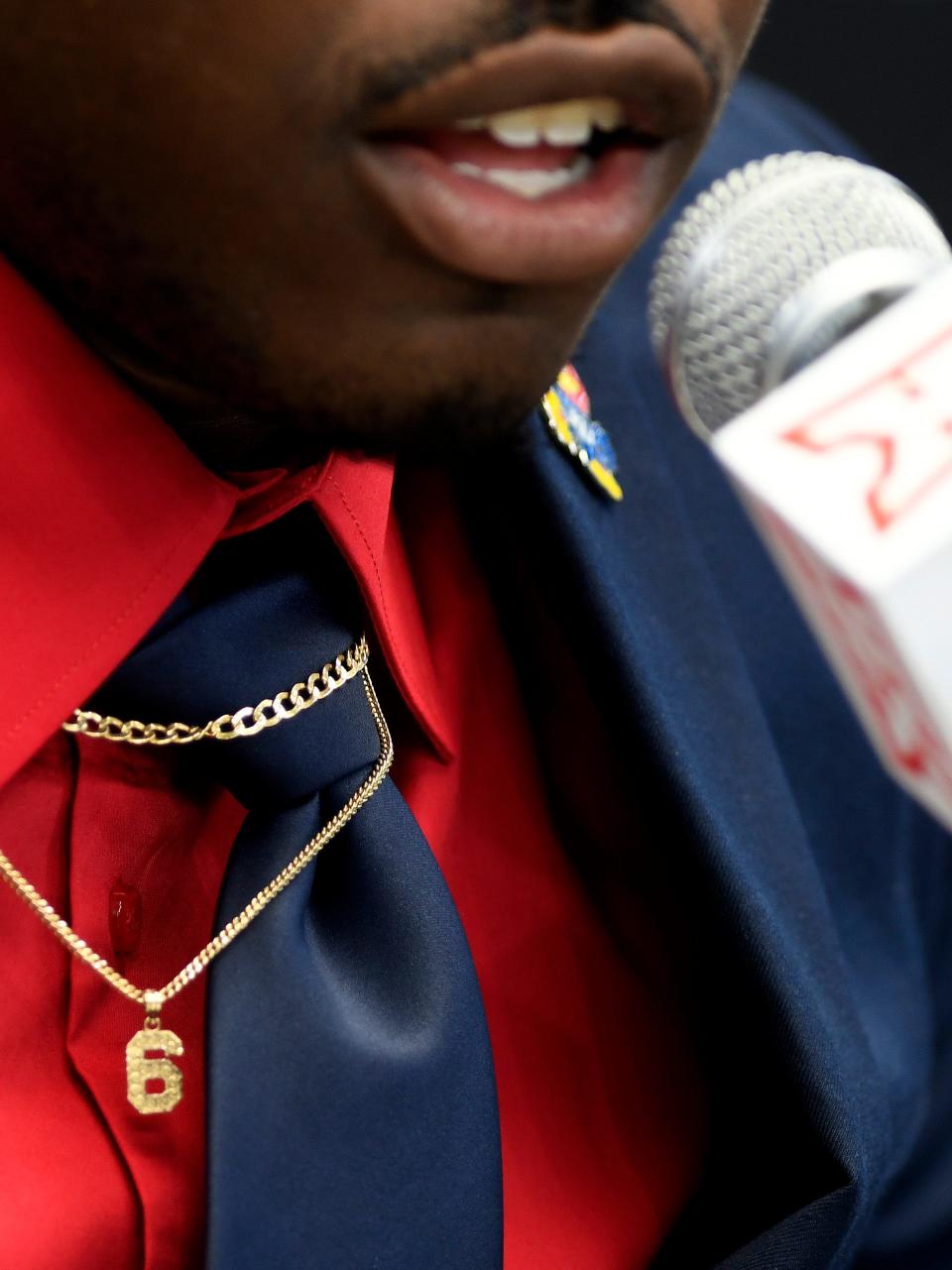 Kansas' Jalon Daniels wears a No. 6 necklace during the first day of the Big 12 football media days on July 13 at AT&T Stadium in Arlington.