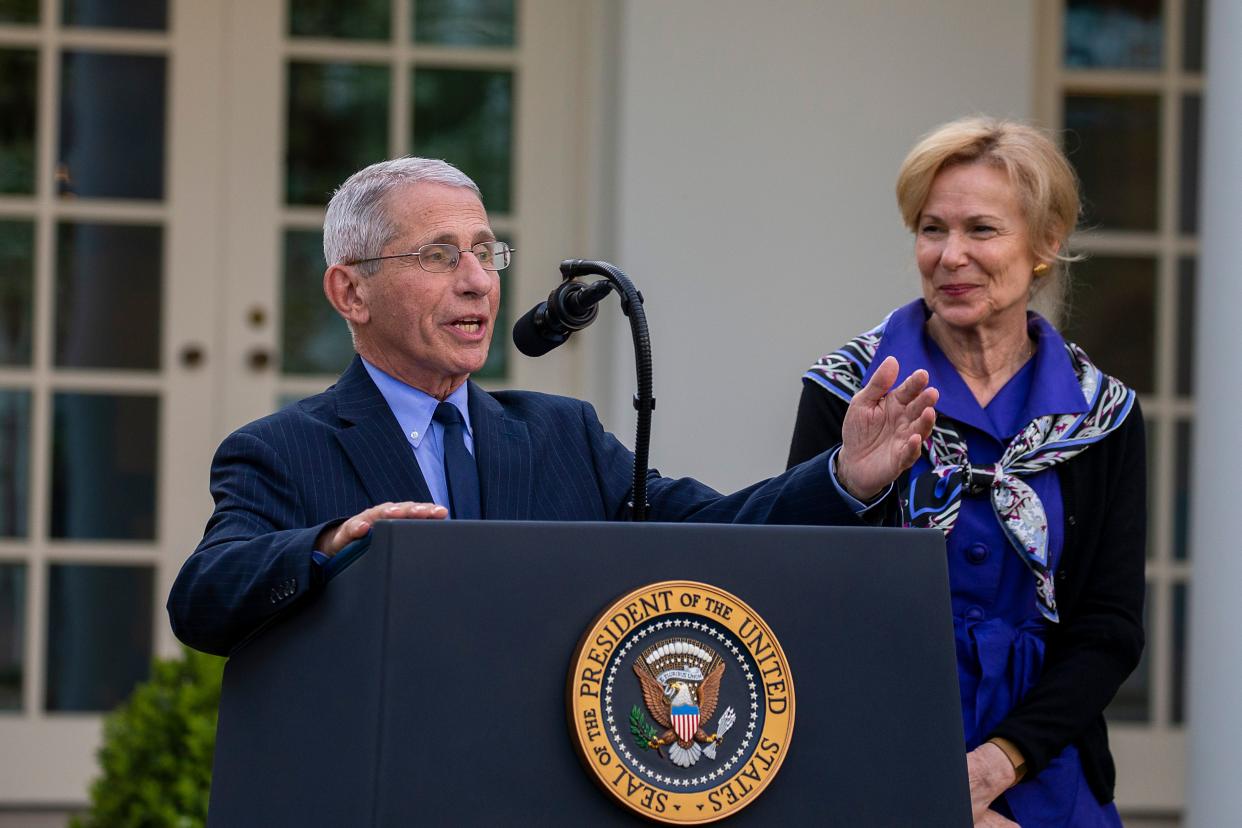 Anthony Fauci and Deborah Birx speak in the Rose Garden on March 29, 2020, during the onset of the COVID-19 pandemic in the U.S. (Photo: Tasos Katopodis via Getty Images)