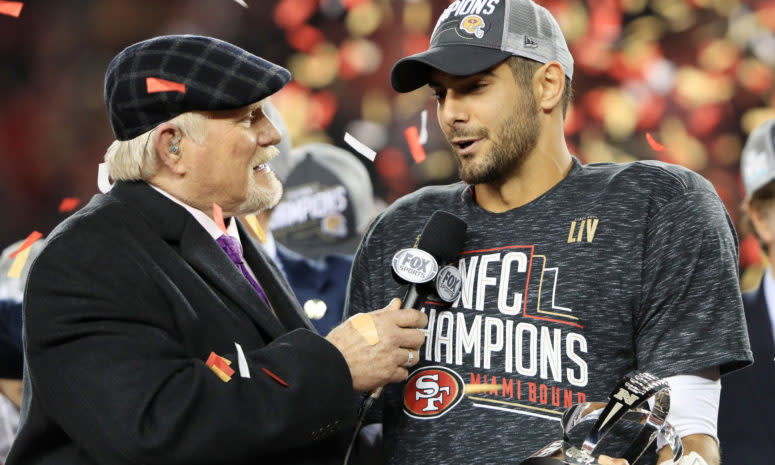 Terry Bradshaw and Jimmy Garoppolo after the NFC Championship Game.