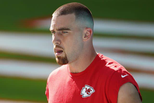 <p>Mark Brown/Getty</p> Travis Kelce #87 of the Kansas City Chiefs