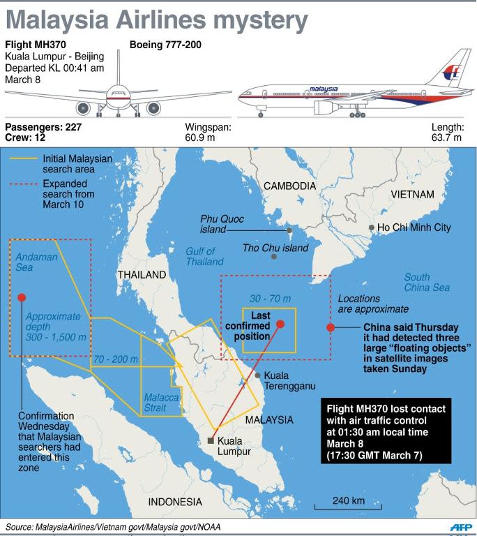 Updated graphic of the search area for missing Malaysia Airlines MH370 adds approximate location of possible debris spotted in Chinese satellite images on March 9