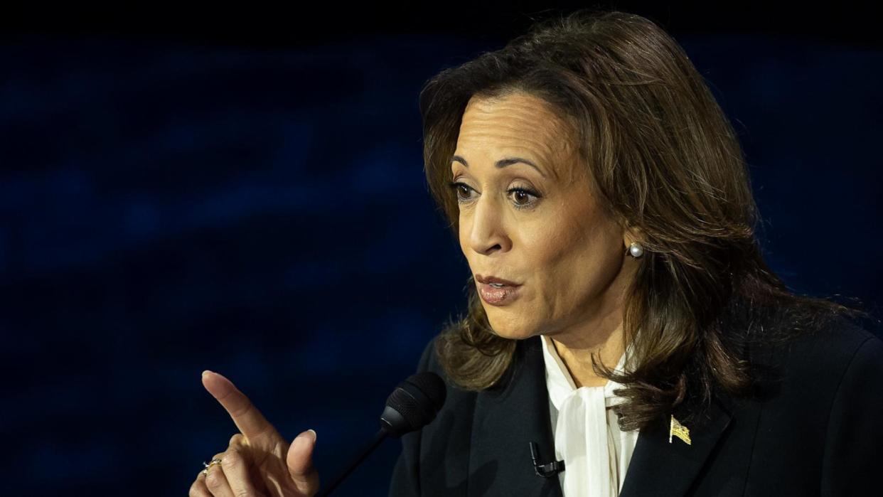 PHOTO: Vice President and Democratic presidential candidate Kamala Harris speaks during a presidential debate with former President and Republican presidential candidate Donald Trump in Philadelphia, Sept. 10, 2024. (Michael Le Brecht II/ABC NEWS)