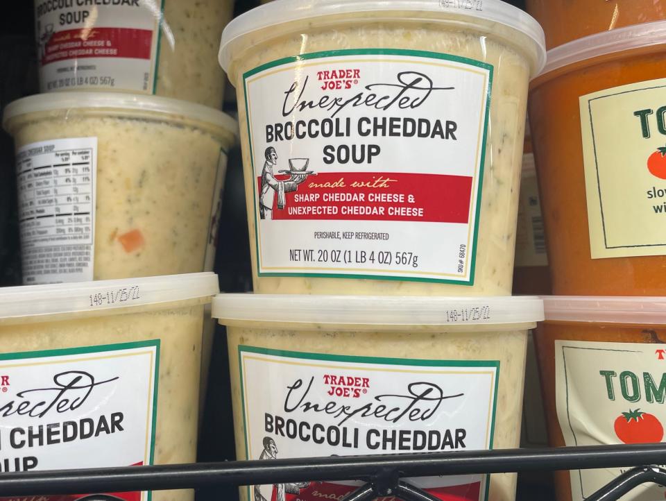 containers of broccoli cheddar soup from trader joes
