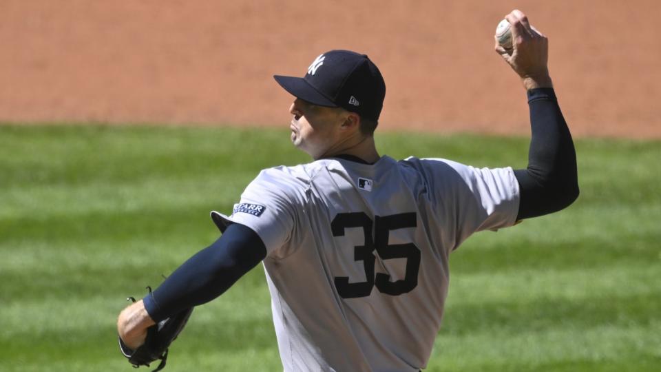 April 13, 2024;  Cleveland, Ohio, USA;  New York Yankees pitcher Clay Holmes (35) delivers a pitch in the ninth inning against the Cleveland Guardians at Progressive Field.