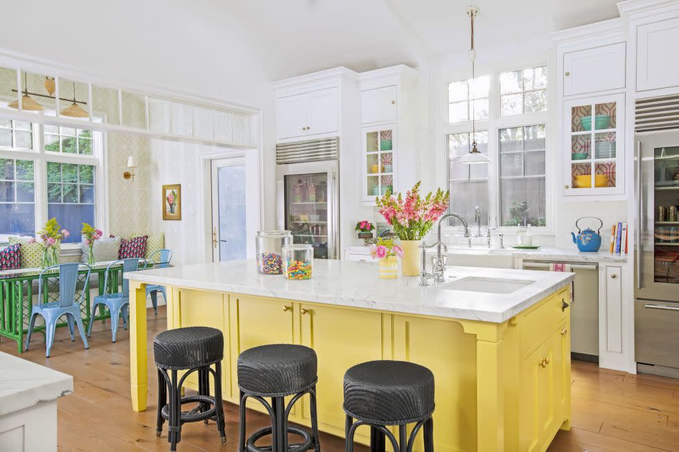 kitchen with sunny yellow island