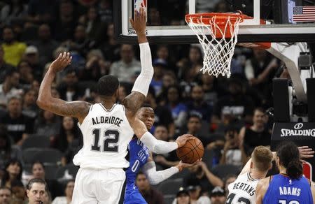 Nov 17, 2017; San Antonio, TX, USA; Oklahoma City Thunder point guard Russell Westbrook (0) passes the ball under the basket against San Antonio Spurs power forward LaMarcus Aldridge (12) during the second half at AT&T Center. Mandatory Credit: Soobum Im-USA TODAY Sports
