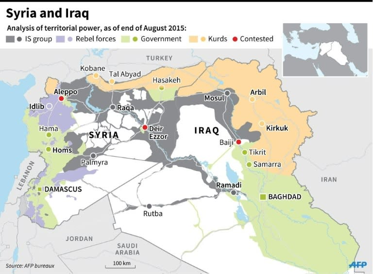 Map of Syria and Iraq, showing territories controlled by the different forces