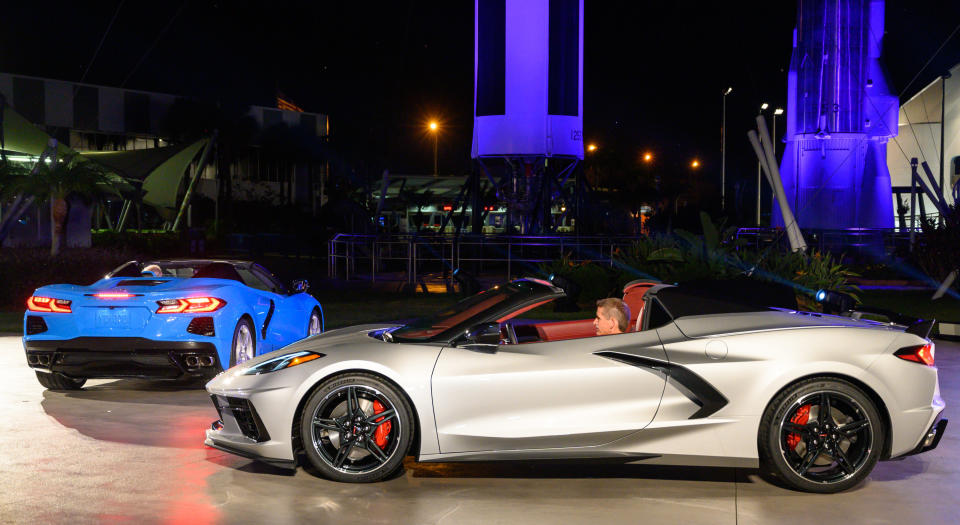 The 2020 Corvette Stingray hardtop convertible is unveiled Wednesday, October 2, 2019 at the Kennedy Space Center in Cape Canaveral, Florida. The Corvette Stingray convertible is the first hardtop and mid-engine convertible in Corvette history. The hardtop convertible offers the same storage as the Corvette Stingray coupe, even with the top down. The convertible will be priced only $7,500 (U.S.) more than the entry 1LT Stingray coupe. (Photo by Preston Mack for Chevrolet)