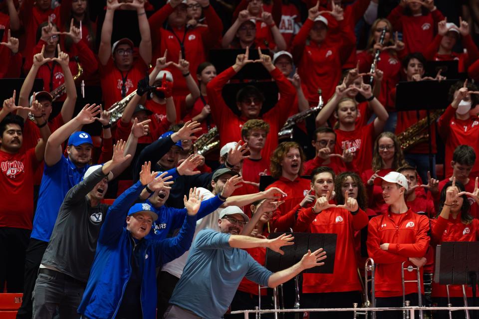 University of Utah and Brigham Young University fans cheer during a free throw during a men’s basketball game at the Jon M. Huntsman Center in Salt Lake City on Saturday, Dec. 9, 2023. | Megan Nielsen, Deseret News