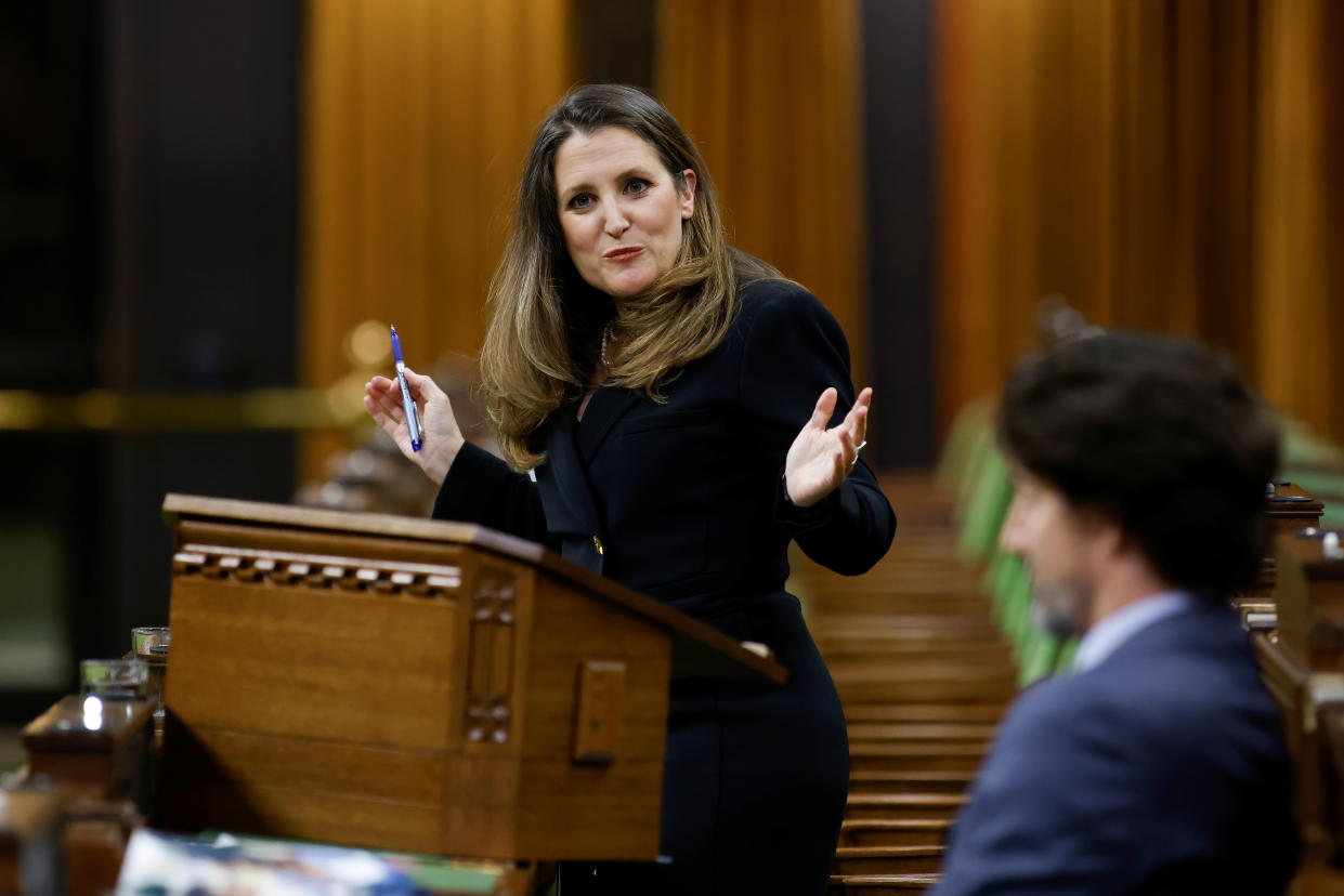 Canada's Finance Minister Chrystia Freeland delivers the budget in the House of Commons on Parliament Hill in Ottawa, Ontario, Canada, April 19, 2021. REUTERS/Blair Gable