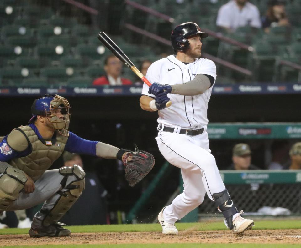 Tigers left fielder Robbie Grossman homers against Cubs pitcher Jake Arrieta during the sixth inning of the Tigers' 4-2 loss on Friday, May 14, 2021, at Comerica Park.