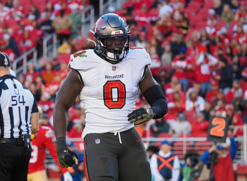 Nov 19, 2023; Santa Clara, California, USA; Tampa Bay Buccaneers outside linebacker Yaya Diaby (0) reacts after a sack against the San Francisco 49ers during the fourth quarter at Levi’s Stadium. Mandatory Credit: Kelley L Cox-USA TODAY Sports