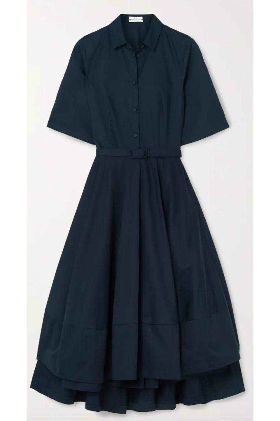 Belted Asymmetric Pleated Cotton-Poplin Midi Shirt Dress