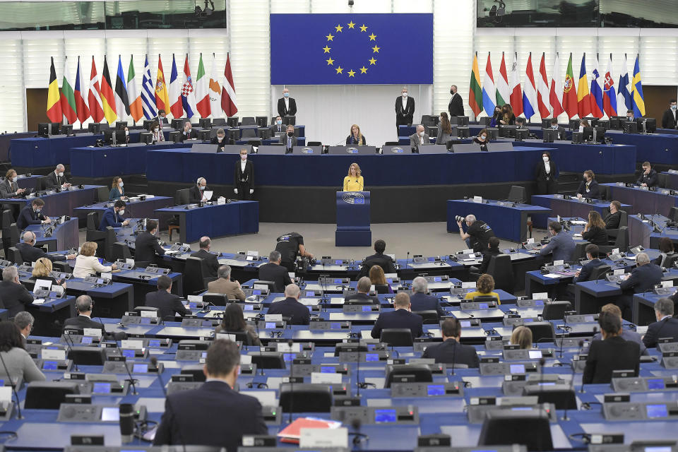 Estonian Prime Minister Kaja Kallas delivers a speech during a debate on Europe security following the Russian invasion of Ukraine, during a plenary session at the European Parliament in Strasbourg, eastern France on March 9, 2022.<span class="copyright">Frederick Florin—AFP/Getty Images</span>