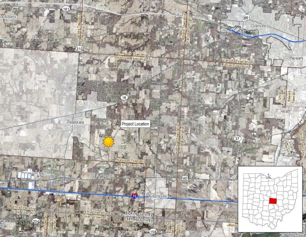 The sun icon shows the proposed location for a solar power facility proposed in Harrison Township just east of Pataskala.