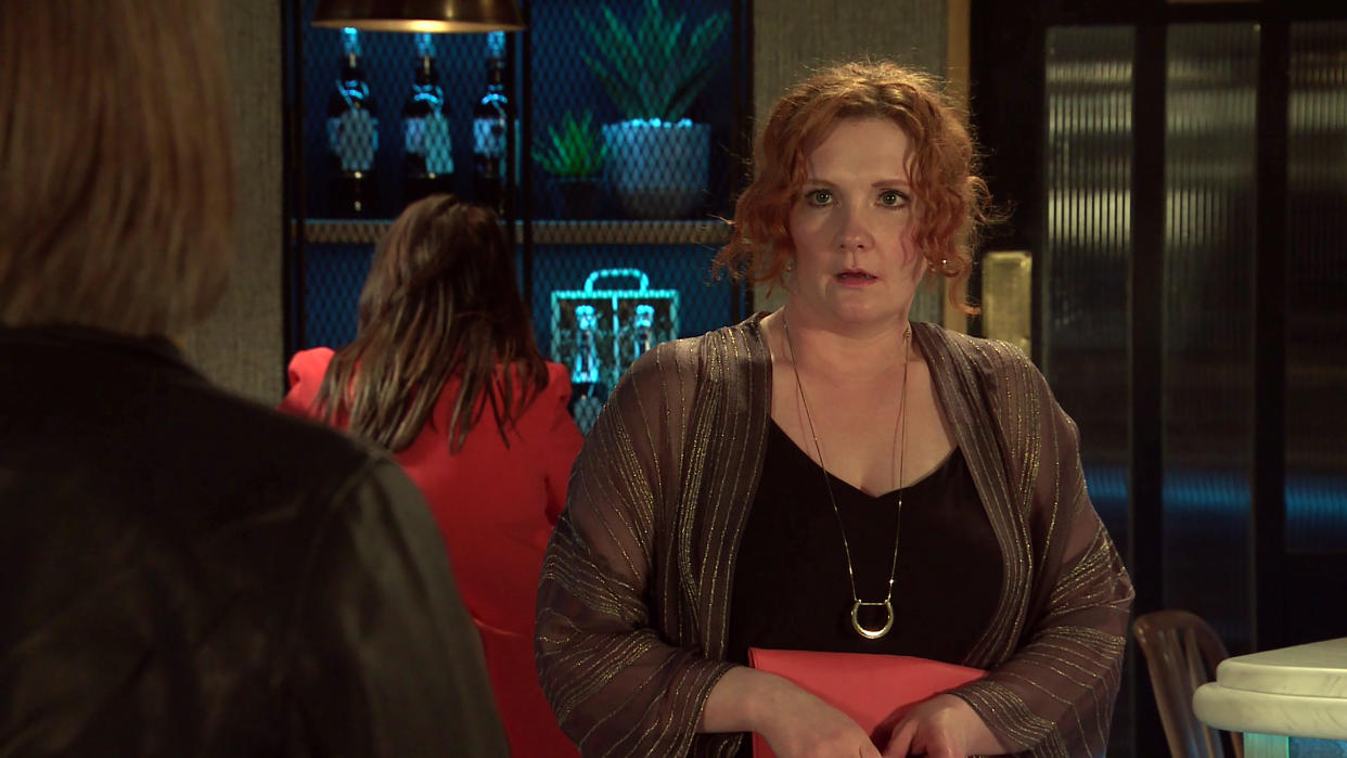 FROM ITV

STRICT EMBARGO - No Use Before Tuesday 6th July 2021

Coronation Street - Ep 10375

Monday 12th July 2021 - 2nd Ep

Fiz Stape [JENNIE McALPINE] meets up with her date in the bistro only to discover that Chris [LOIS MACKIE] is a reporter hoping to run a story on aggrieved women whoÕve been dumped for a younger model.  Fiz is furious but when Chris points out how good itÕll feel to tell the world the truth, sheÕs torn.

Picture contact David.crook@itv.com 

This photograph is (C) ITV Plc and can only be reproduced for editorial purposes directly in connection with the programme or event mentioned above, or ITV plc. Once made available by ITV plc Picture Desk, this photograph can be reproduced once only up until the transmission [TX] date and no reproduction fee will be charged. Any subsequent usage may incur a fee. This photograph must not be manipulated [excluding basic cropping] in a manner which alters the visual appearance of the person photographed deemed detrimental or inappropriate by ITV plc Picture Desk. This photograph must not be syndicated to any other company, publication or website, or permanently archived, without the express written permission of ITV Picture Desk. Full Terms and conditions are available on  www.itv.com/presscentre/itvpictures/terms