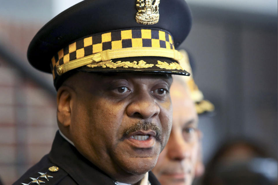 FILE--In this March 26, 2019, file photo, Chicago Police Superintendent Eddie Johnson speaks during a news conference in Chicago. On Thursday, Oct. 17, 2019, Johnson said he has asked the department to conduct an internal investigation on himself after he was found lying down in a car. A passerby found Johnson early Thursday, and called 911. Police department spokesman Anthony Guglielmi says officers checked on Johnson's well-being and didn't observe any signs of impairment. Johnson drove himself home. (AP Photo/Teresa Crawford, File)