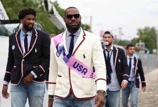 PARIS, FRANCE - JULY 26: Lebron James, Flagbearer of Team United States, looks on prior to the opening ceremony of the Olympic Games Paris 2024 on July 26, 2024 in Paris, France. (Photo by Quinn Rooney/Getty Images)