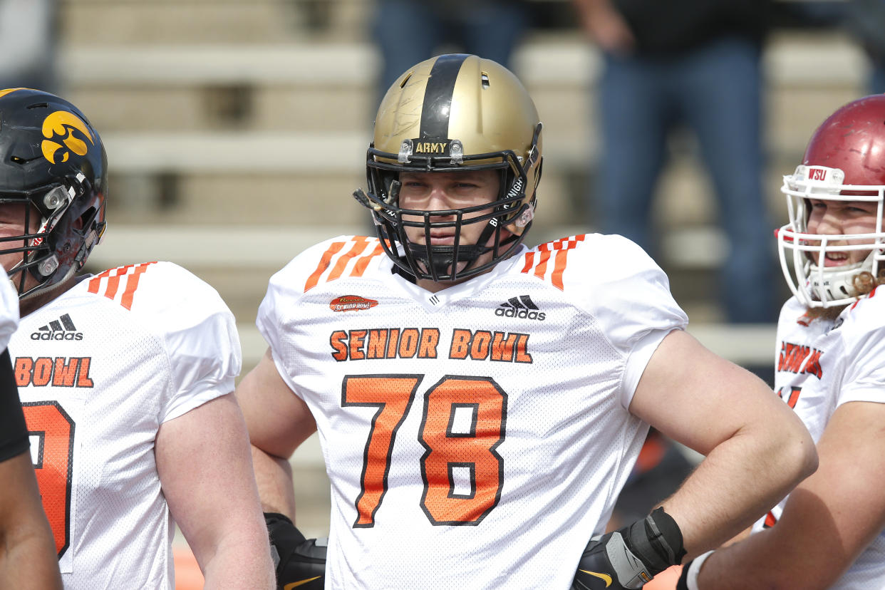 North squad offensive tackle Brett Toth of Army in action during the North teams practice for Saturday's Senior Bowl college football game in Mobile, Ala.,Wednesday, Jan. 24, 2018. (AP Photo/Brynn Anderson)