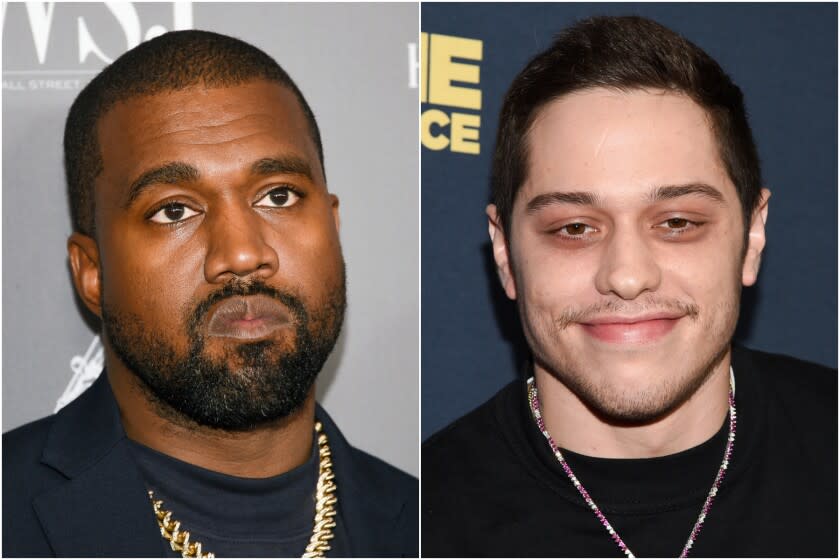 A split image of Kanye West wearing a black shirt, left, and Pete Davidson wearing a black shirt