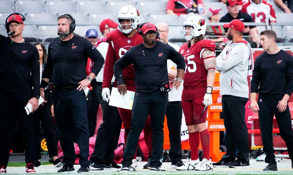 Sep 11, 2022; Glendale, Arizona, USA; Arizona Cardinals defensive coordinator Vance Joseph (center) reacts during action against the Kansas City Chiefs in the second half of the season opener at State Farm Stadium.