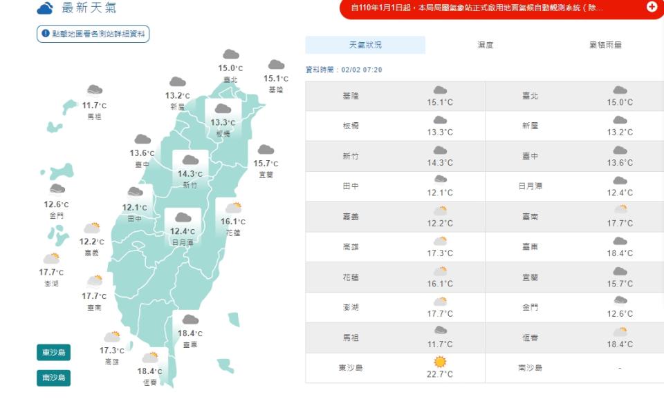 今天東北季風增強，桃園以北及東半部雲量逐漸增多。（圖／翻攝自氣象局）