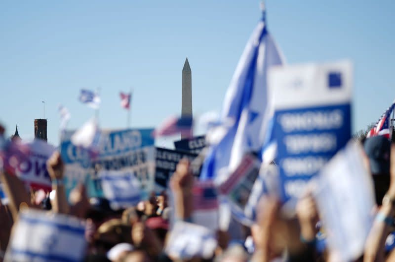 Demonstrators gather to denounce anti-Semitism at a "March for Israel" on the National Mall in Washington, D.C., on Tuesday. Photo by Bonnie Cash/UPI