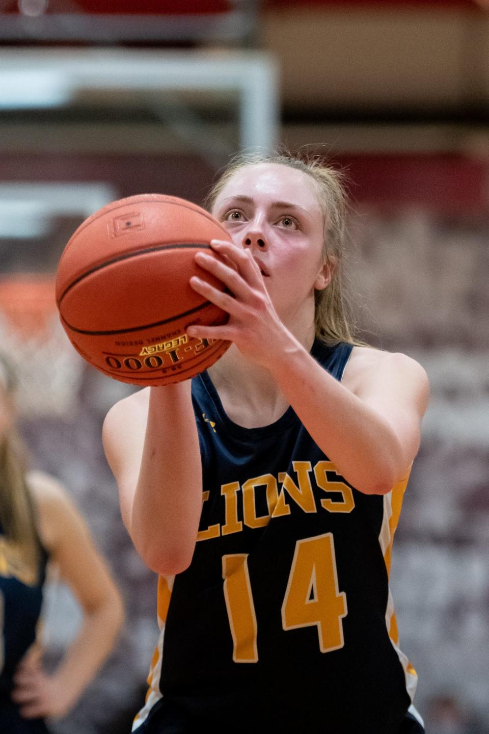 New Hope-Solebury's Reagan Chrencik eyes the basket while attempting a free throw in a District One Class 4A semifinal game against Gwynedd Mercy, on Tuesday, February 22, 2022, at Gwynedd Mercy Academy High School in Lower Gwynedd. The Monarchs advance to the championship game after defeating the Lions 56-28.