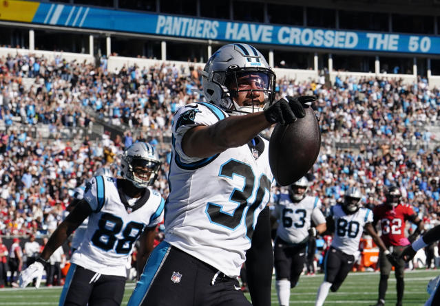 FILE - Carolina Panthers running back Christian McCaffrey (22) runs with  the ball against the Washington Football Team during an NFL football game  Sunday, Nov. 21, 2021, in Charlotte, N.C. The Panthers