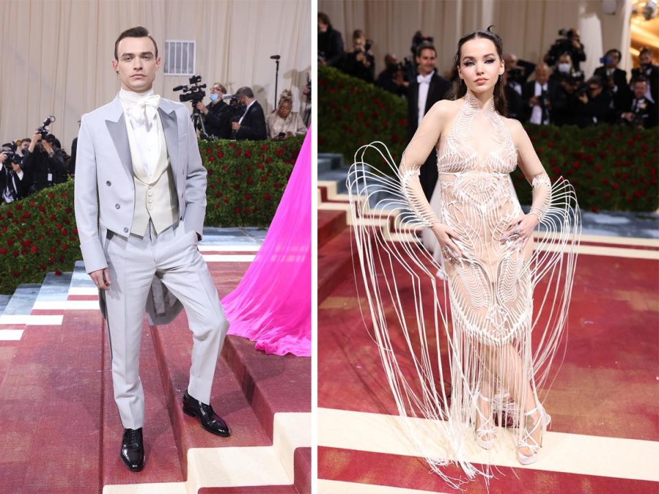 A side-by-side of Thomas Doherty and Dove Cameron at the 2022 Met Gala.