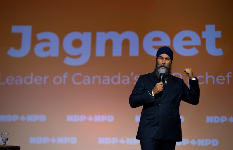 NDP Leader Jagmeet Singh during his Leadership Showcase at the NDP Convention in Hamilton, Ont. Saturday, October 14, 2023.  THE CANADIAN PRESS/Peter Power