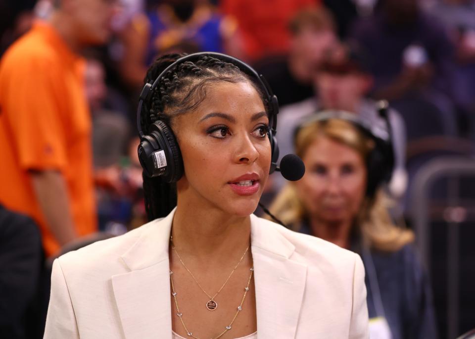 Oct 25, 2022; Phoenix, Arizona, USA; TNT broadcaster Candace Parker during the Golden State Warriors game against the Phoenix Suns at Footprint Center. Mandatory Credit: Mark J. Rebilas-USA TODAY Sports
