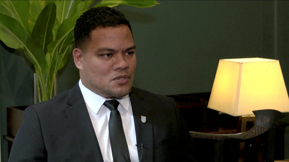 Tuvalu foreign minister Simon Kofe speaks during an interview with Reuters at Grand Pacific Hotel in Suva, Fiji July 11, 2022 in this screen grab from a video. REUTERS TV/ via REUTERS