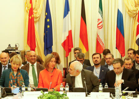 European Union High Representative for Foreign Affairs and Security Policy Federica Mogherini and Iran's Foreign Minister Mohammad Javad Zarif attend a meeting in Vienna, Austria July 6, 2018. REUTERS/Leonhard Foeger