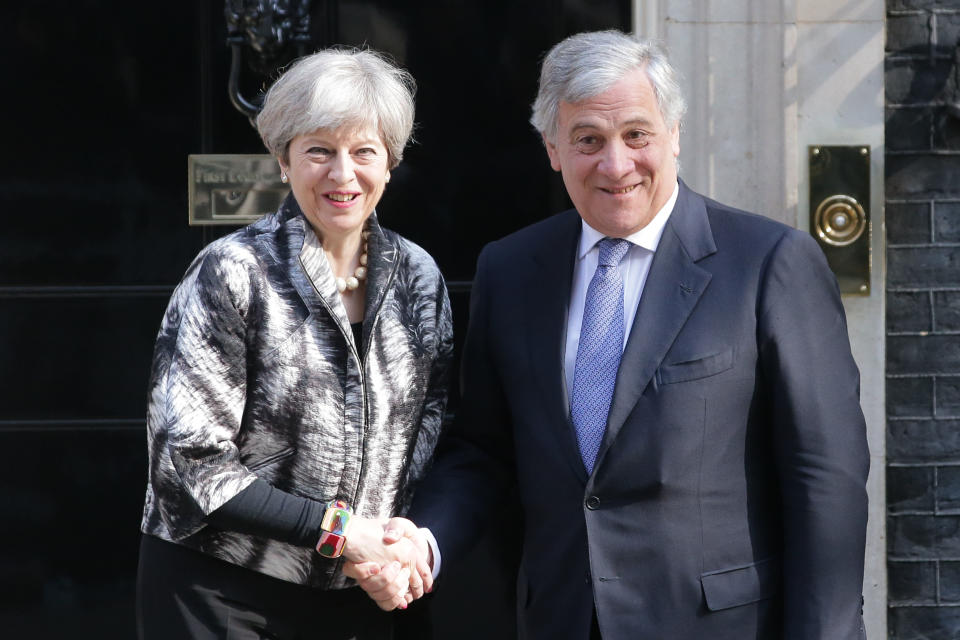 Theresa May meeting European Parliament president Antonio Tajani at Downing Street (Getty)