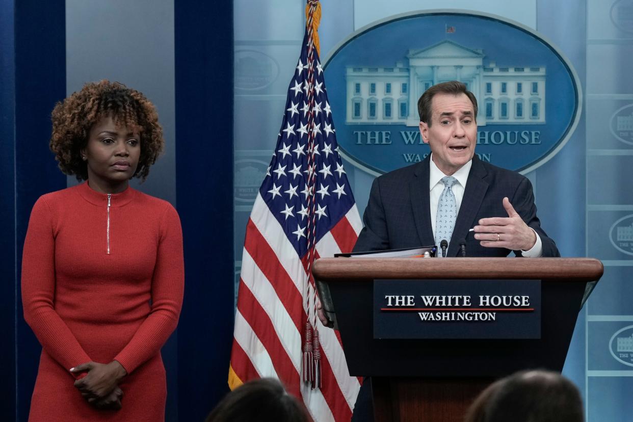 WASHINGTON, DC - FEBRUARY 13: (L-R) White House Press Secretary Karine Jean-Pierre and Coordinator for Strategic Communications at the National Security Council John Kirby take questions during the daily press briefing at the White House February 13, 2023 in Washington, DC. Kirby discussed the recent flying objects shot down by U.S. military jets over North America in the past 3 days. (Photo by Drew Angerer/Getty Images)