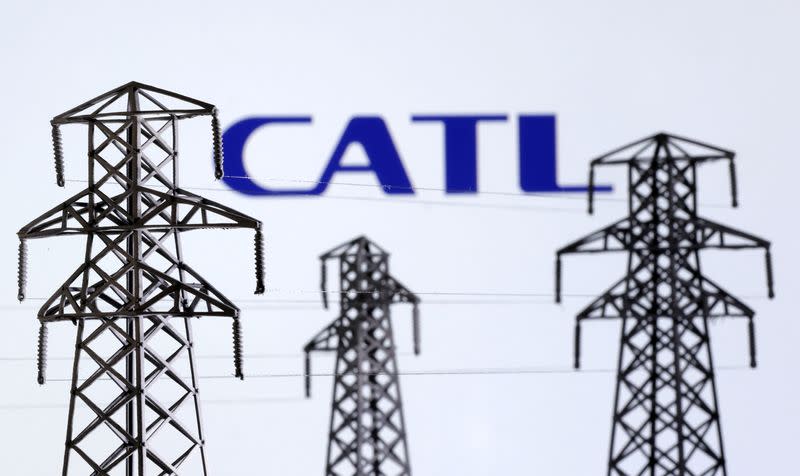 Illustration shows Electric power transmission pylon miniatures and CATL logo