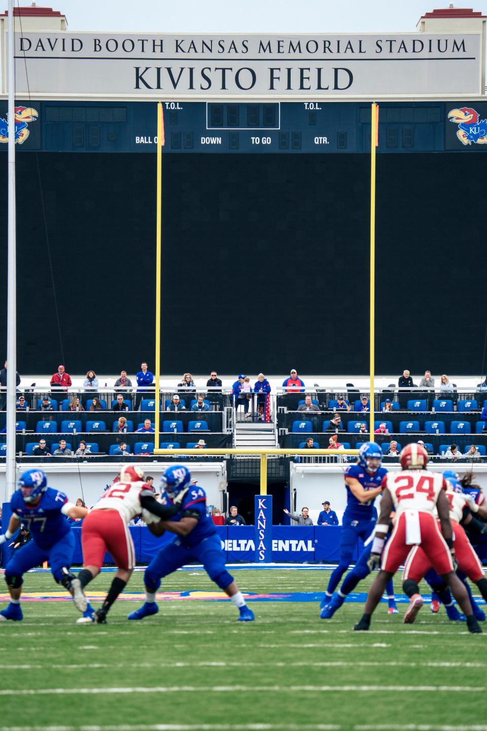 A power outage knocked out scoreboards and temporarily stopped the game between the Kansas Jayhawks and Oklahoma Sooners in the first quarter at David Booth Kansas Memorial Stadium on October 23, 2021 in Lawrence, Kansas. (Photo by Kyle Rivas/Getty Images)