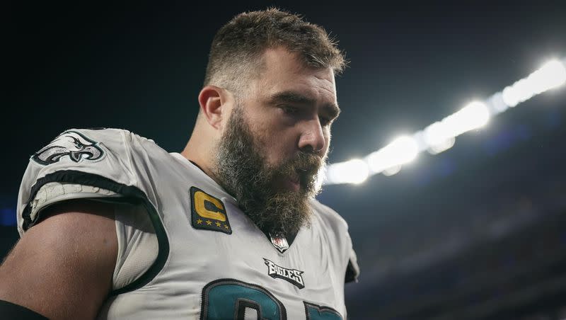 Philadelphia Eagles center Jason Kelce (62) walks off the field after a game against the New York Giants, Sunday, Jan. 8, 2024, in East Rutherford, N.J.