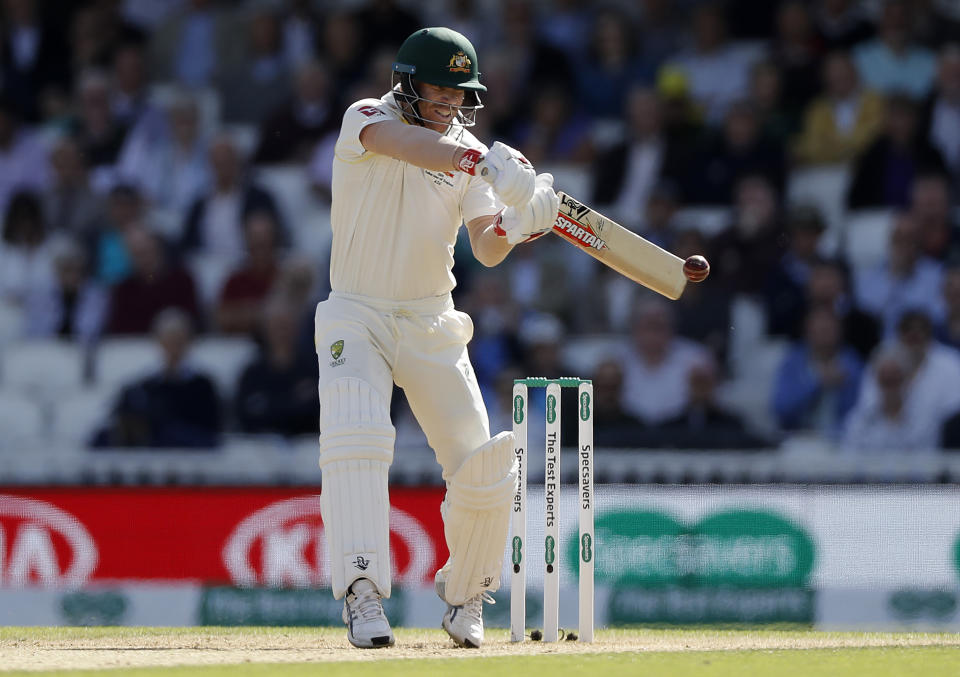 David Warner edges and is caught by Jonny Bairstow as he continues to struggle. (Photo by Ryan Pierse/Getty Images)