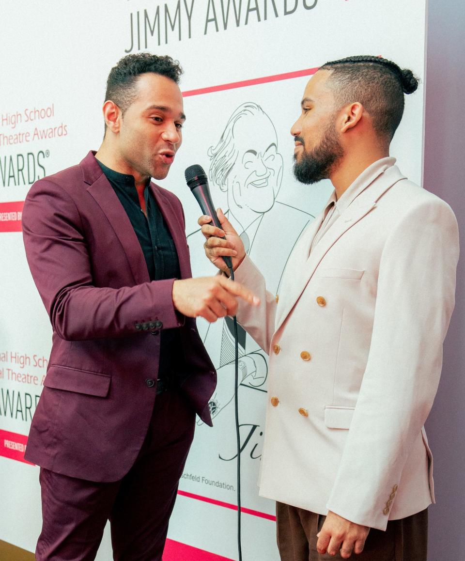 JD Davis, a recent graduate of Harrison School for the Arts, interviews actor Corbin Bleu during the Jimmy Awards in New York on Monday. Davis was one of two student reporters selected to cover the event.