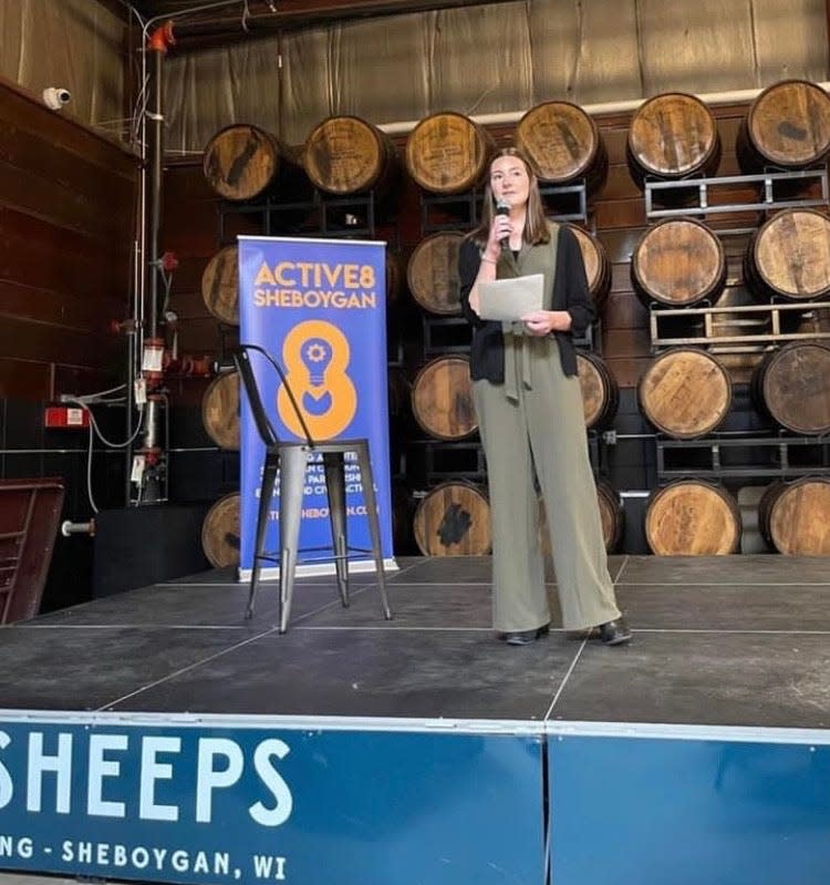 Eileen English gives a presentation about Beat! A Musical Garden at the Active8 SOUP event hosted at 3 Sheeps Brewery, as seen Sunday, April 23, in Sheboygan, Wis.