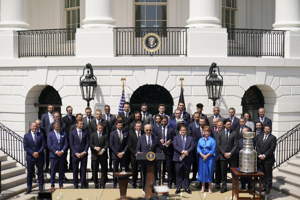 President Joe Biden speaks during an event to celebrate the Tampa Bay Lightning's 2020 and 2021 Stanley Cup championships at the White House, Monday, April 25, 2022, in Washington. (AP Photo/Andrew Harnik)