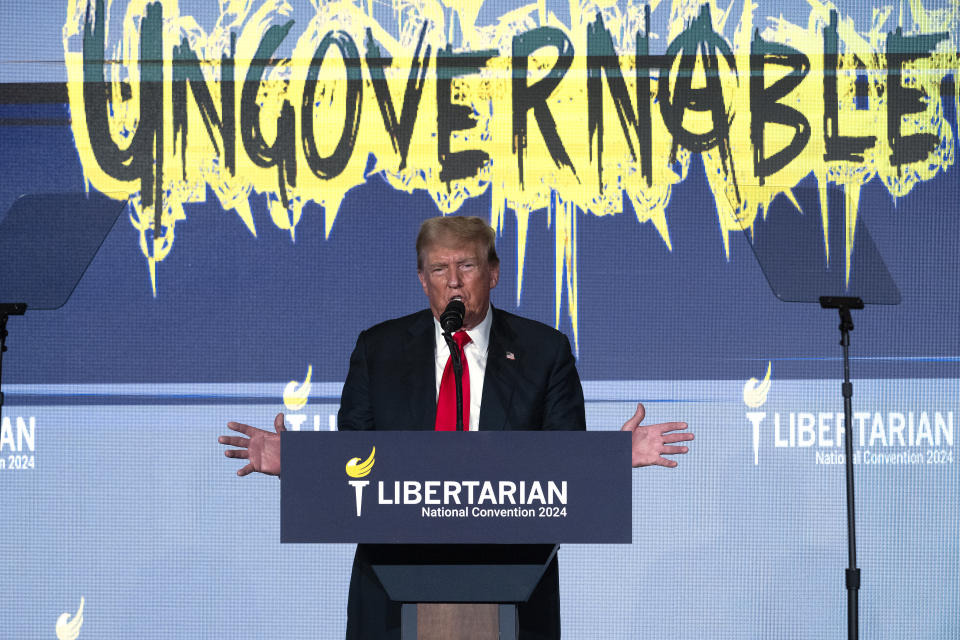 Former US President and Republican presidential candidate Donald Trump addresses the Libertarian National Convention in Washington, (AFP via Getty Images)