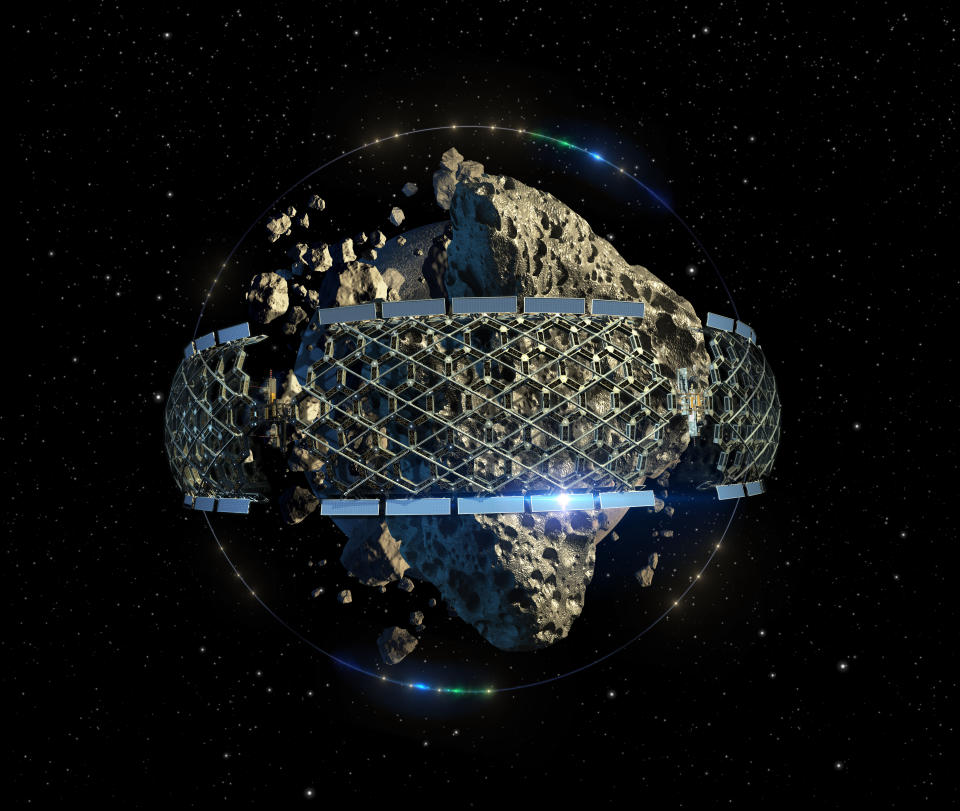  Ilustración 3D de una colonia espacial de minería de asteroides con una arquitectura de panal de megaestructura, para fondos de exploración espacial