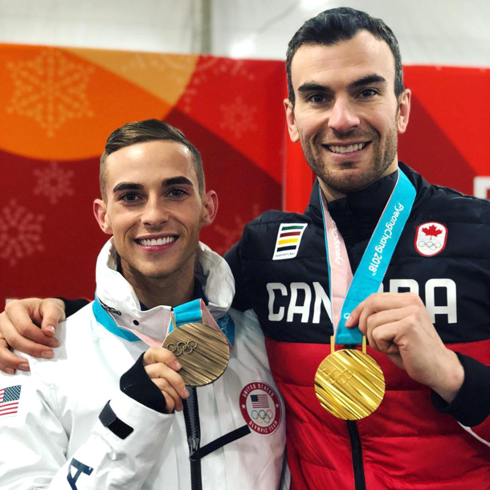 <p>Eric Radford Canada, figure skating<br> ericradford85: So proud to be wearing these medals and showing the world what we can do! #Represent️‍ #Olympics#pyeongchang2018 #Medalist#figureskating #figureskater #fabulous#proud #outathletes #TeamNorthAmerica (Photo via Instagram/ericradford85) </p>